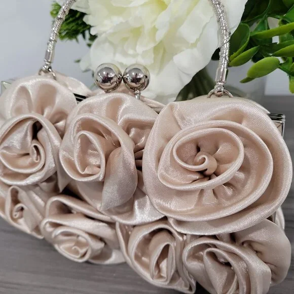 Elegant Latte Satin Roses Wedding Party Clutch Purse w/Rhinestone Handle & Chain - Picture 7 of 7